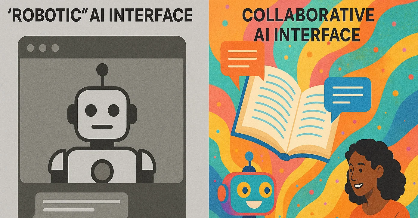 Split-screen image contrasting robotic AI myths with WriteABookAI’s collaborative book-writing interface