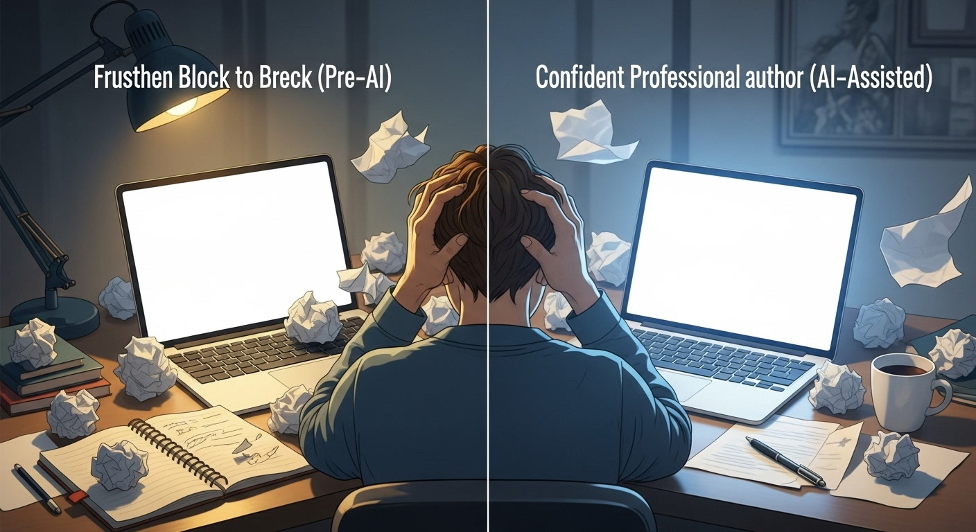 Split scene showing a frustrated writer at a blank page transforming into confident AI-assisted writing