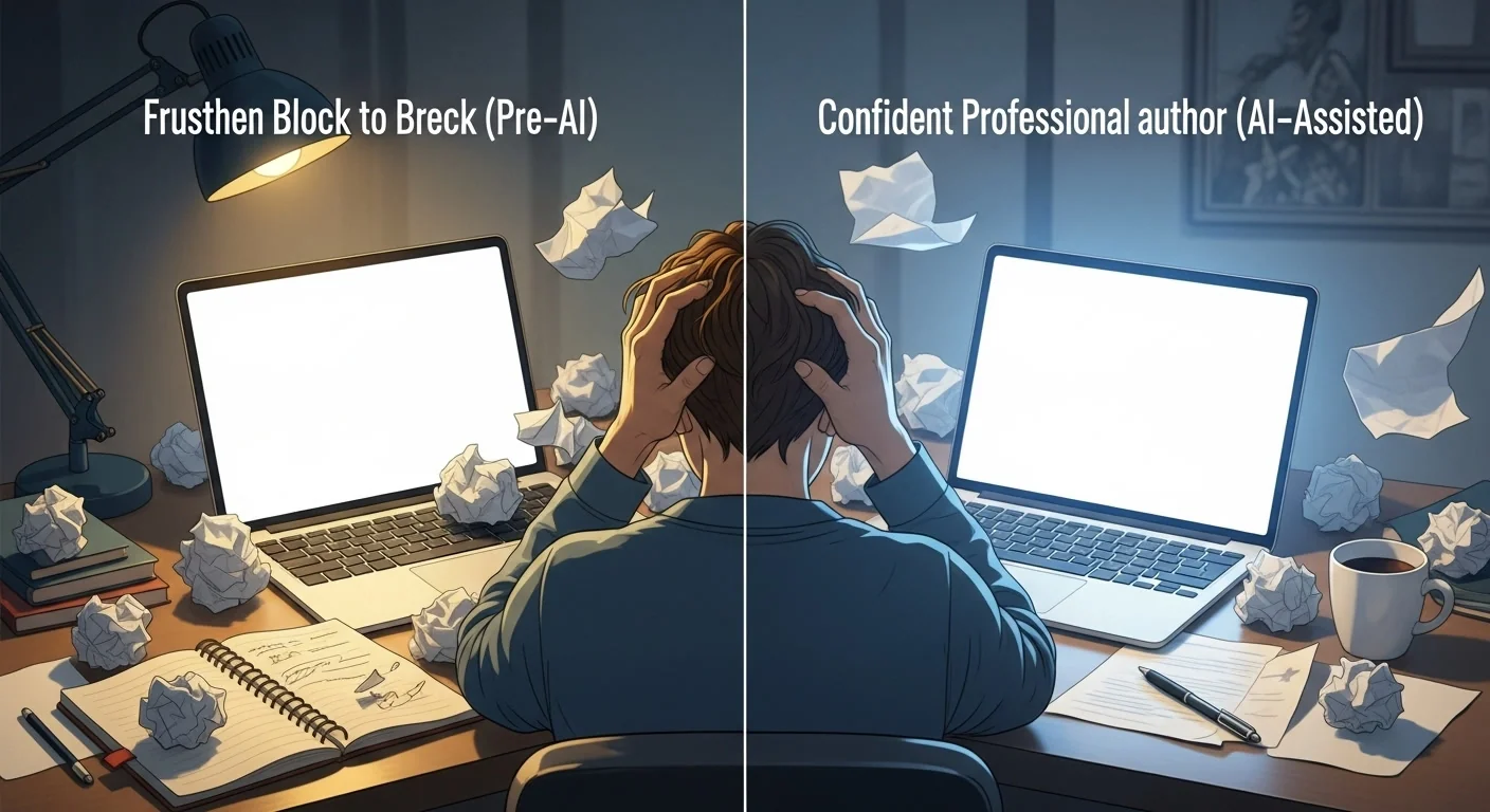 Split scene showing a frustrated writer at a blank page transforming into confident AI-assisted writing