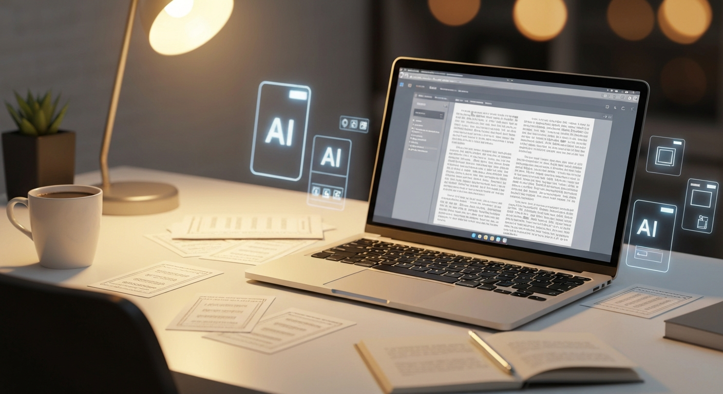 Uno spazio di lavoro moderno con un laptop che mostra un manoscritto di un libro accanto ad anteprime di formattazione e suggerimenti di scrittura AI