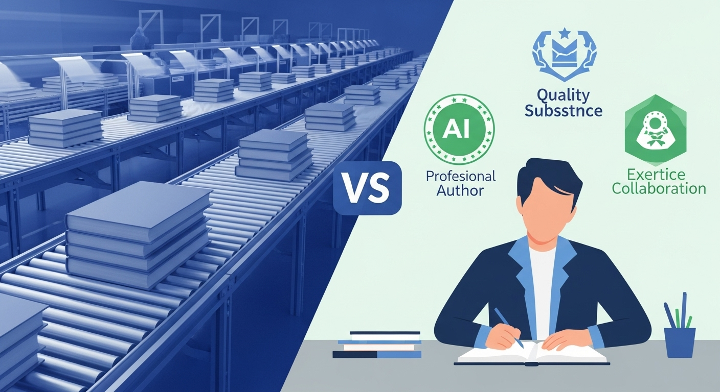 Side-by-side comparison of AI book writing approaches with speed versus quality metaphors