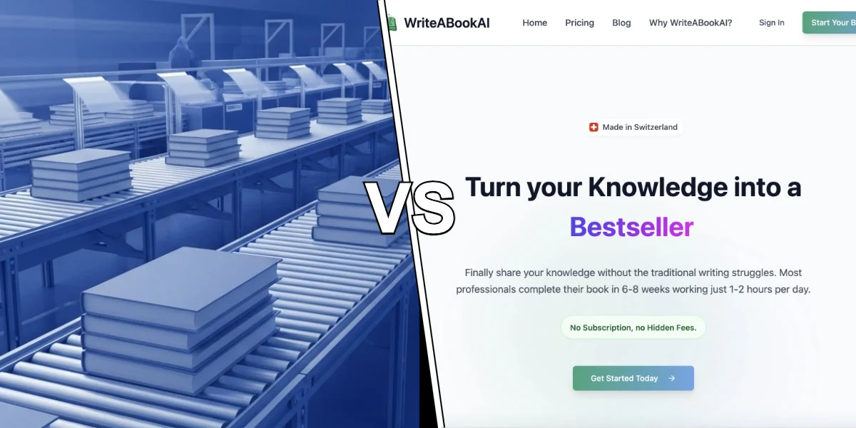 Side-by-side comparison of AI book writing approaches with speed versus quality metaphors