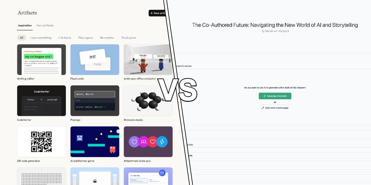 Comparison of Claude Artifacts chat interface with WriteABookAI dedicated book writing platform
