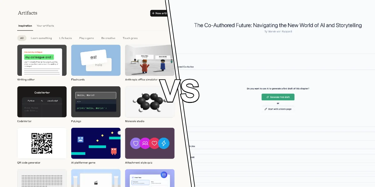 Comparison of Claude Artifacts chat interface with WriteABookAI dedicated book writing platform