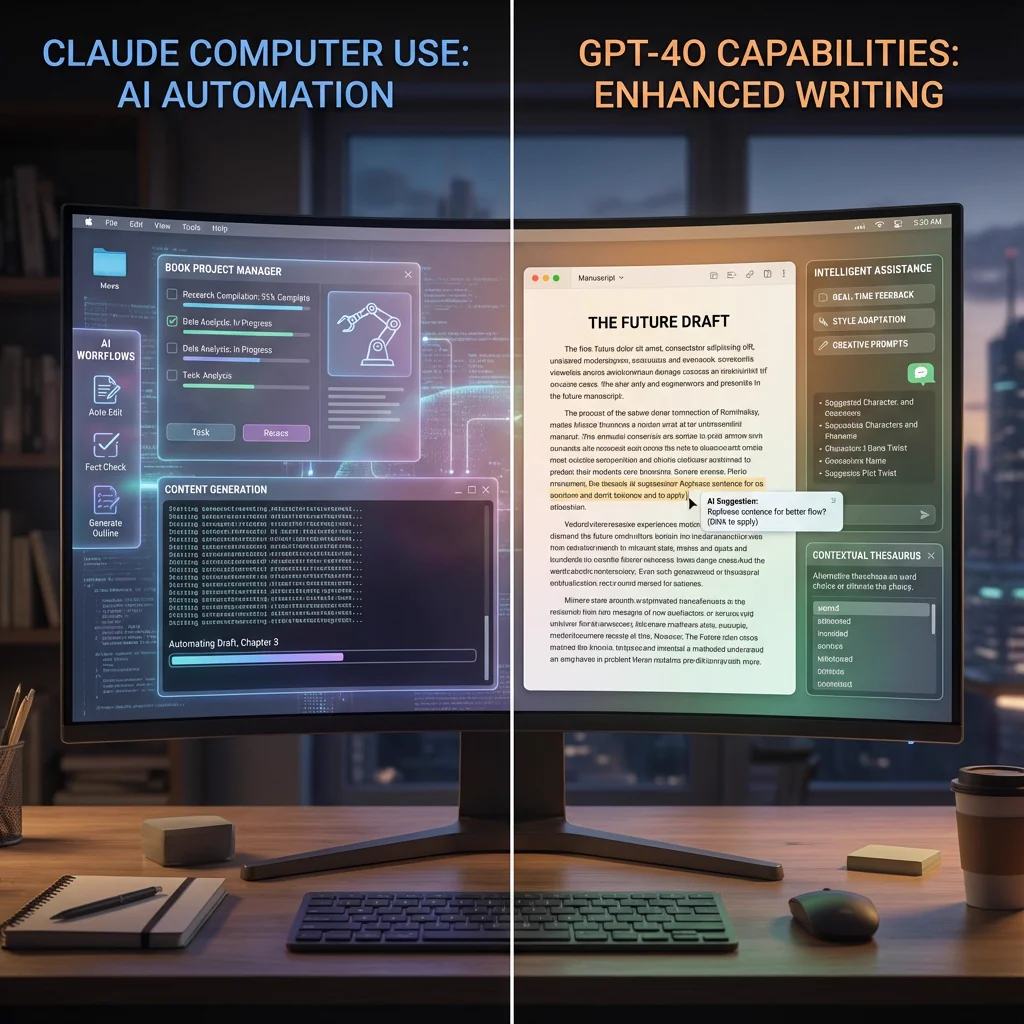 Split screen comparison of Claude Computer Use and GPT-4o interfaces for book writing workflows