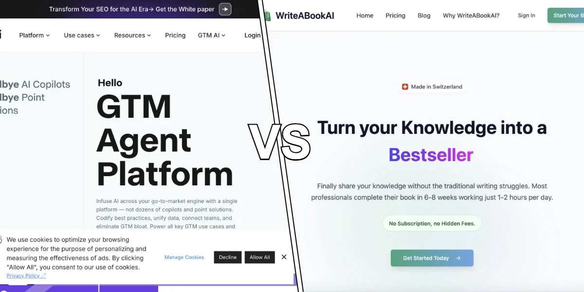 Split screen showing Copy.ai interface for marketing content versus WriteABookAI book manuscript structure