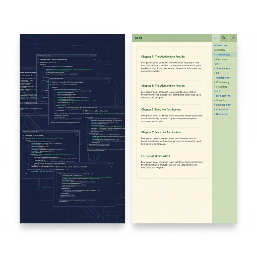 Split screen showing coding interface versus book writing interface