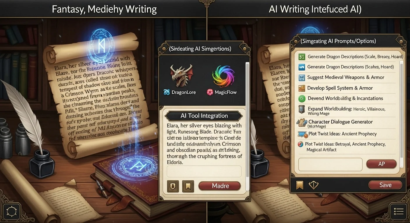 Split-screen showing fantasy novel interface versus professional business book writing interface