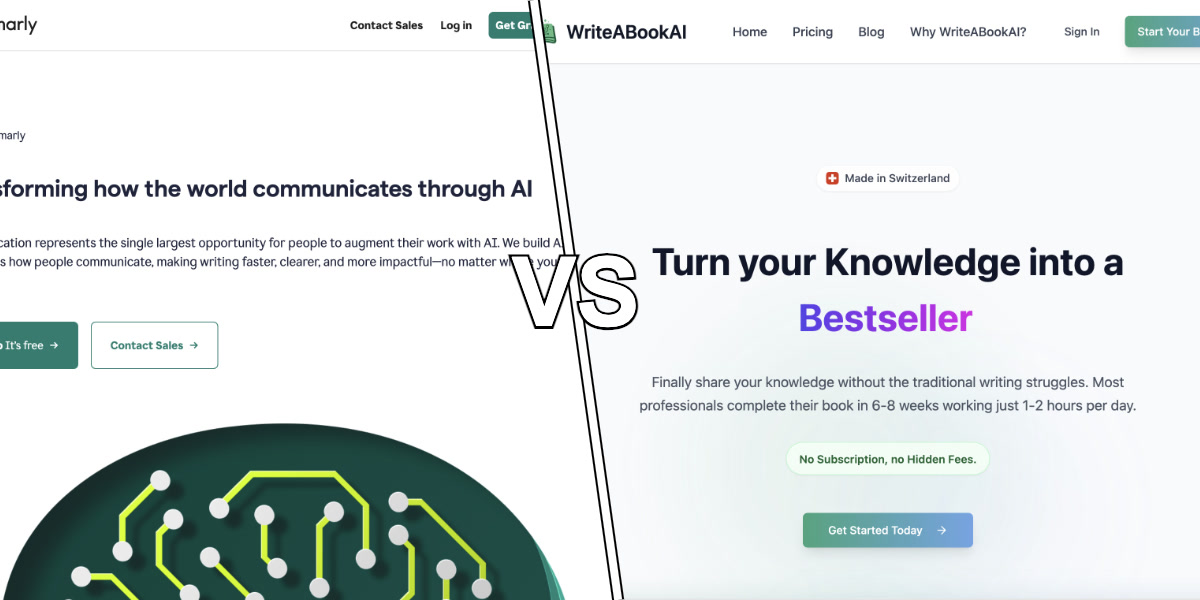 Split comparison showing grammar correction interface versus book writing workflow