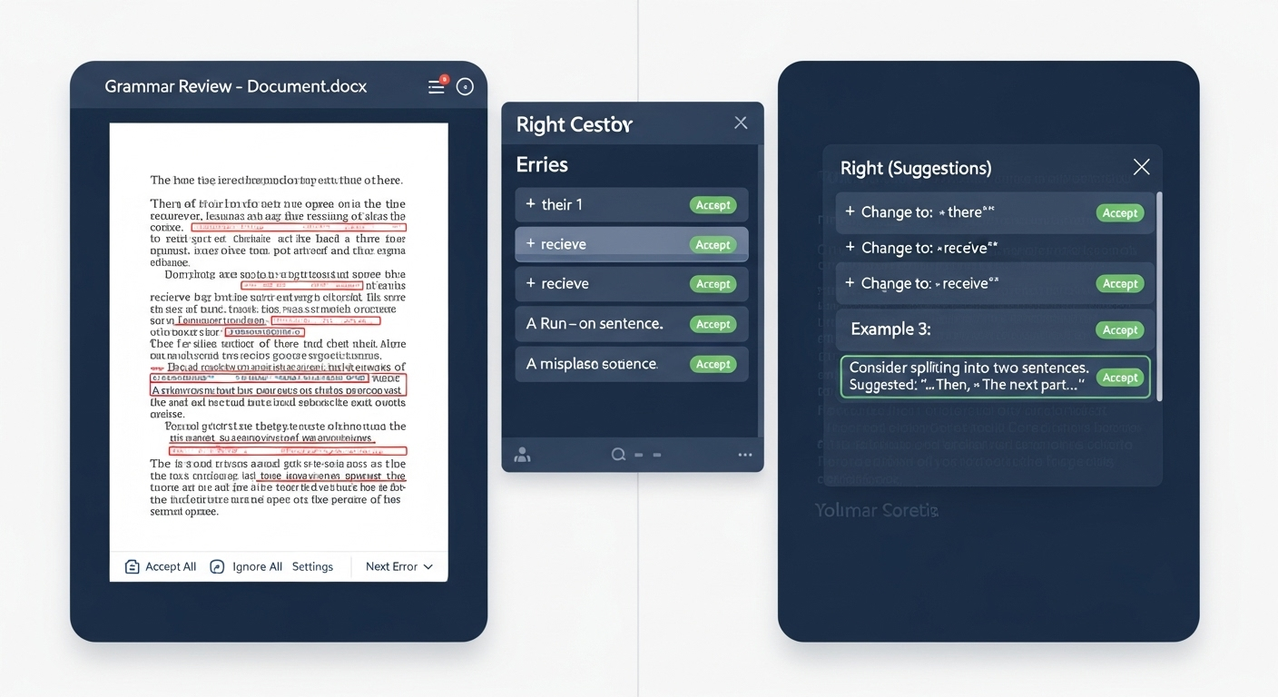 Split comparison showing grammar correction interface versus book writing workflow