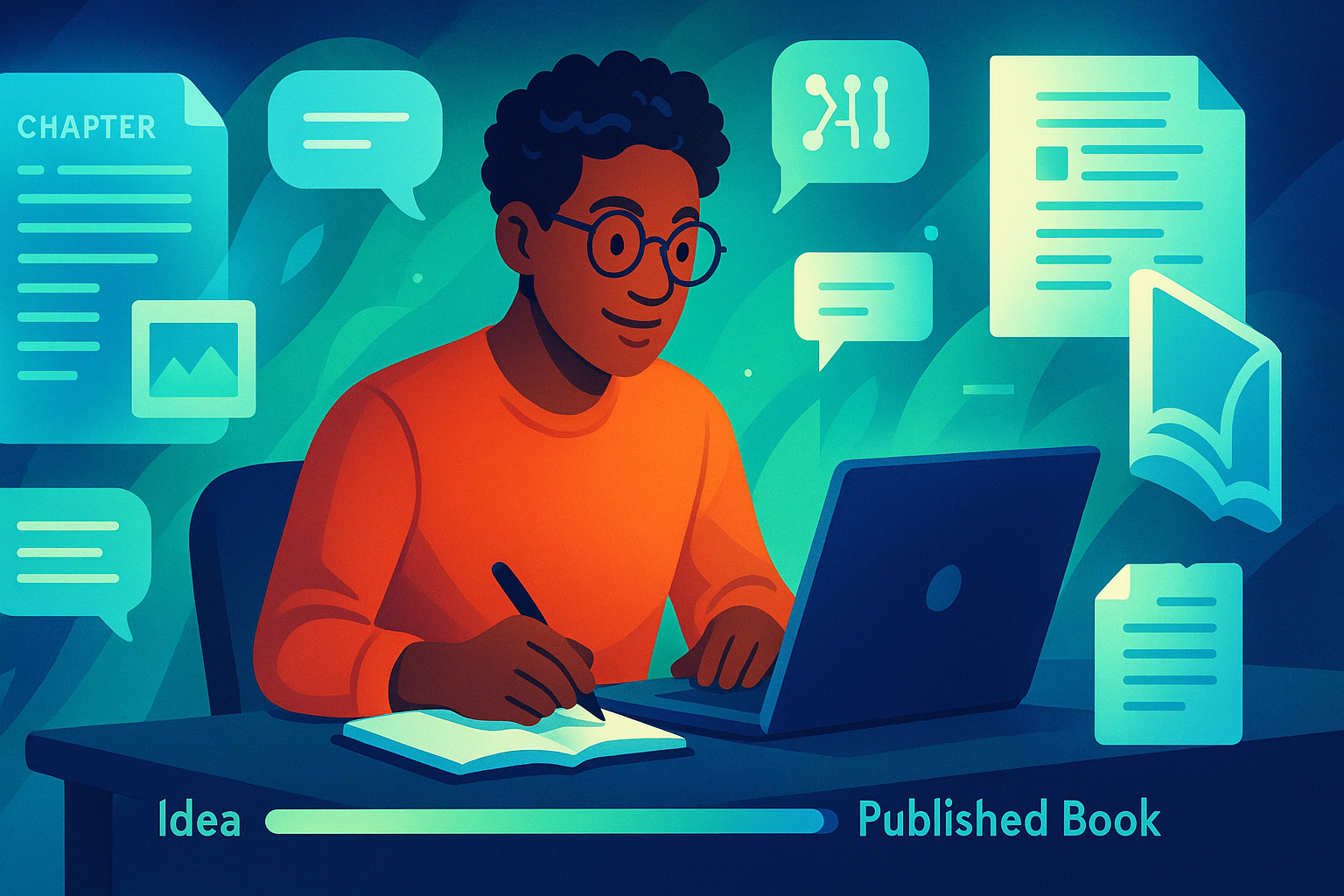 Illustration of an author collaborating with AI to write a book