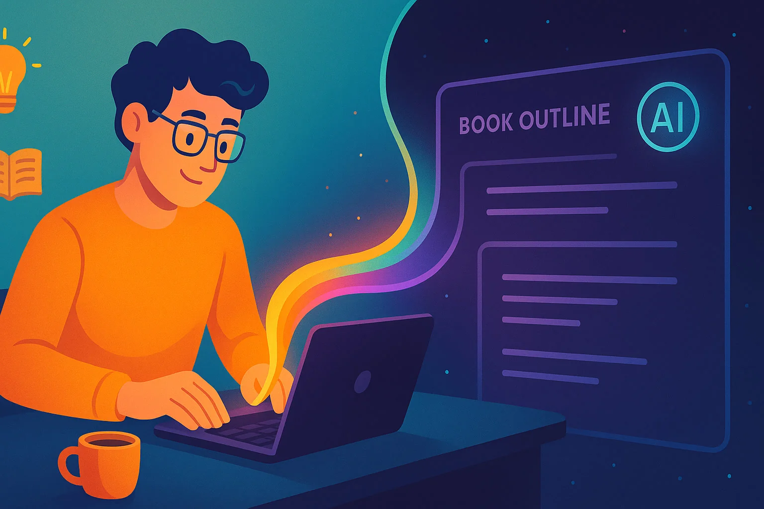 Split-screen illustration of a writer and an AI interface connected by a creative spark, symbolizing collaboration in book writing