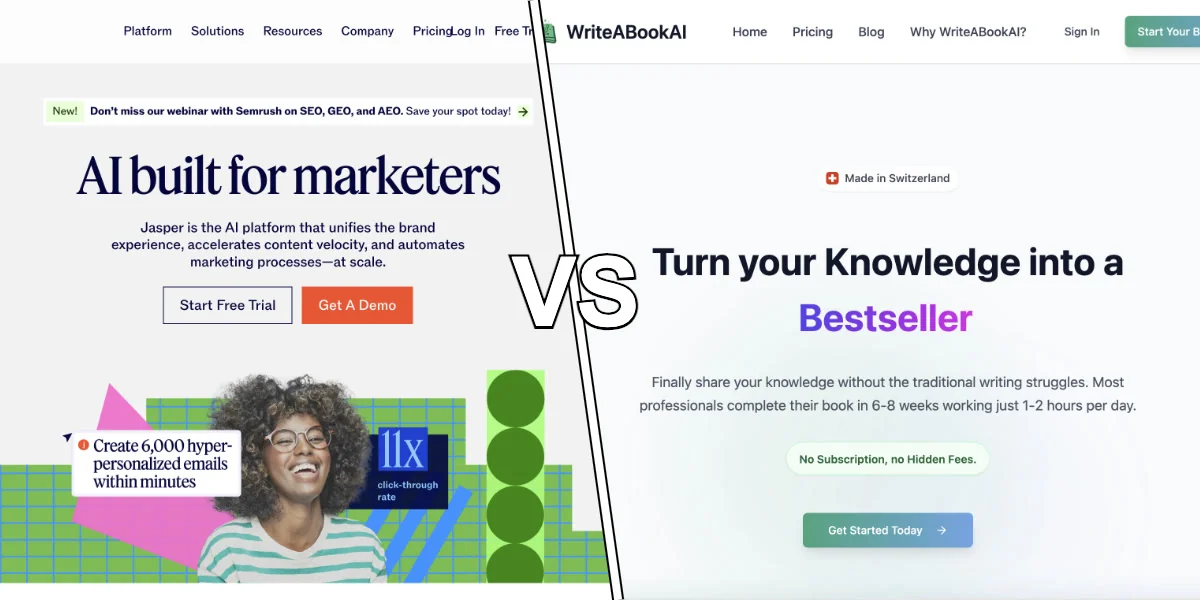 Split comparison showing marketing content creation versus book writing workflow