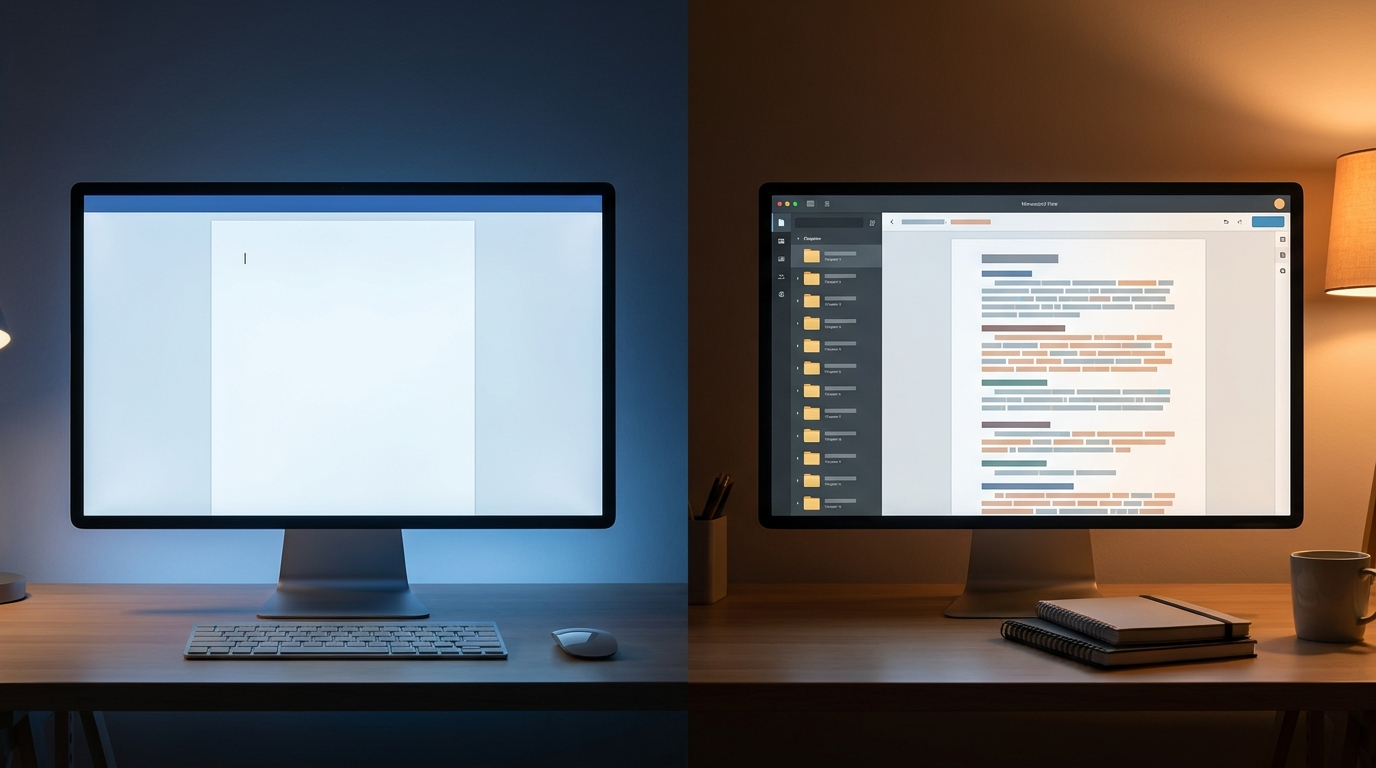 Split view comparing a minimalist text editor with a structured book writing platform