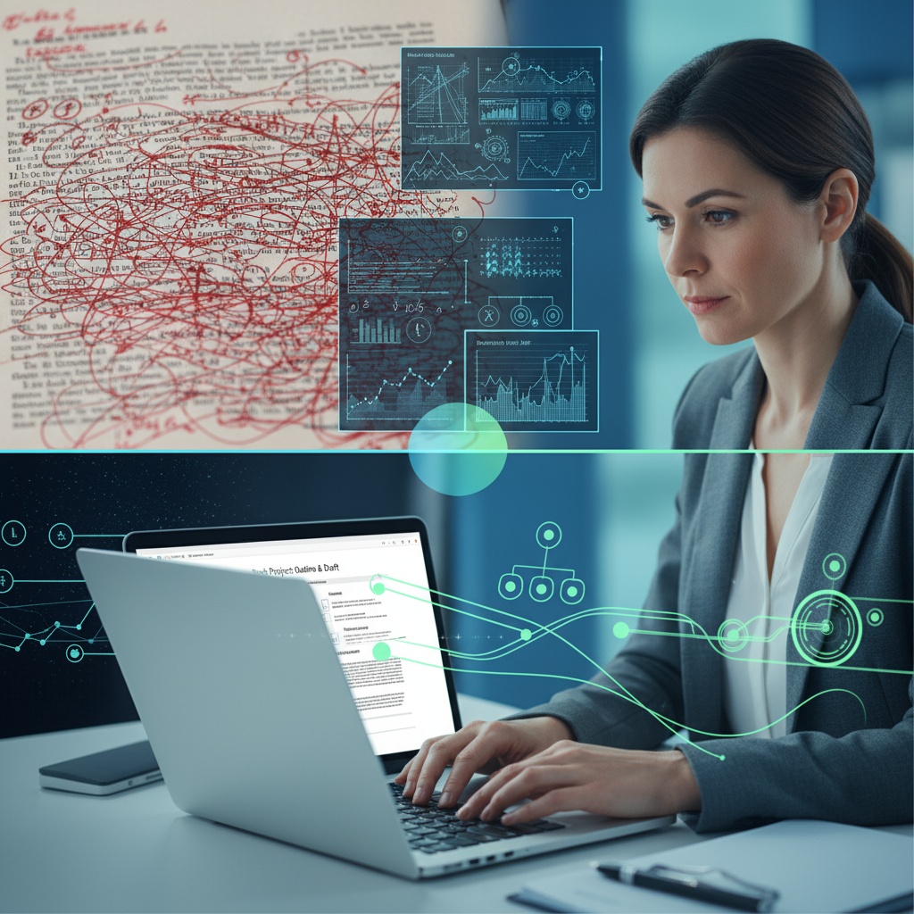 Split screen showing manuscript editing interface versus book creation workflow