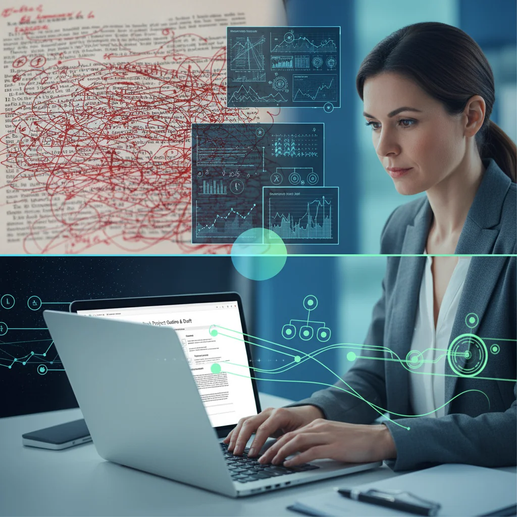 Split screen showing manuscript editing interface versus book creation workflow