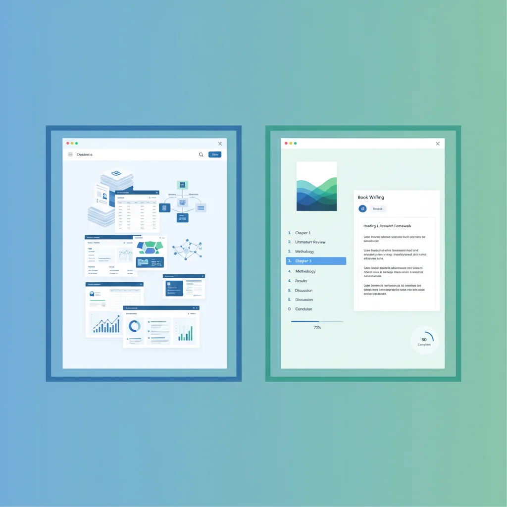 Split screen showing research organization versus structured book writing workflow