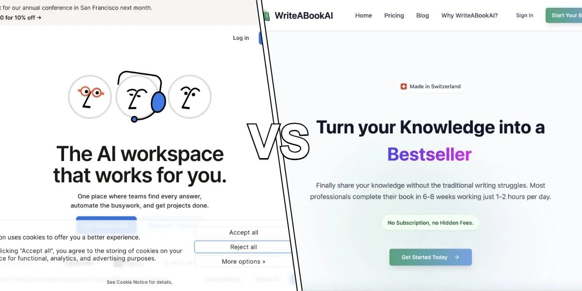 Split comparison showing Notion's all-in-one workspace versus focused book writing tools