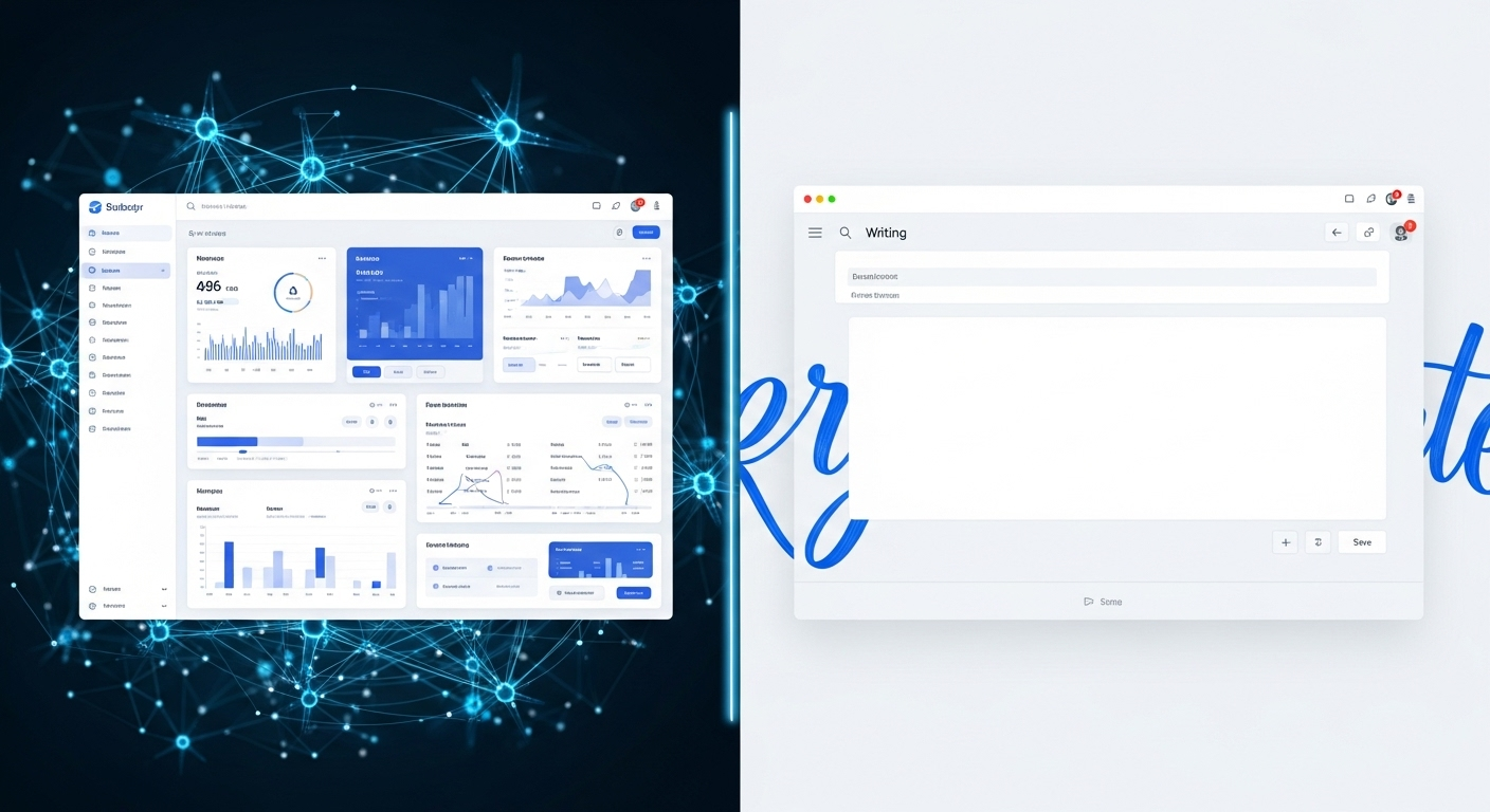Split interface showing complex vs streamlined AI writing approaches
