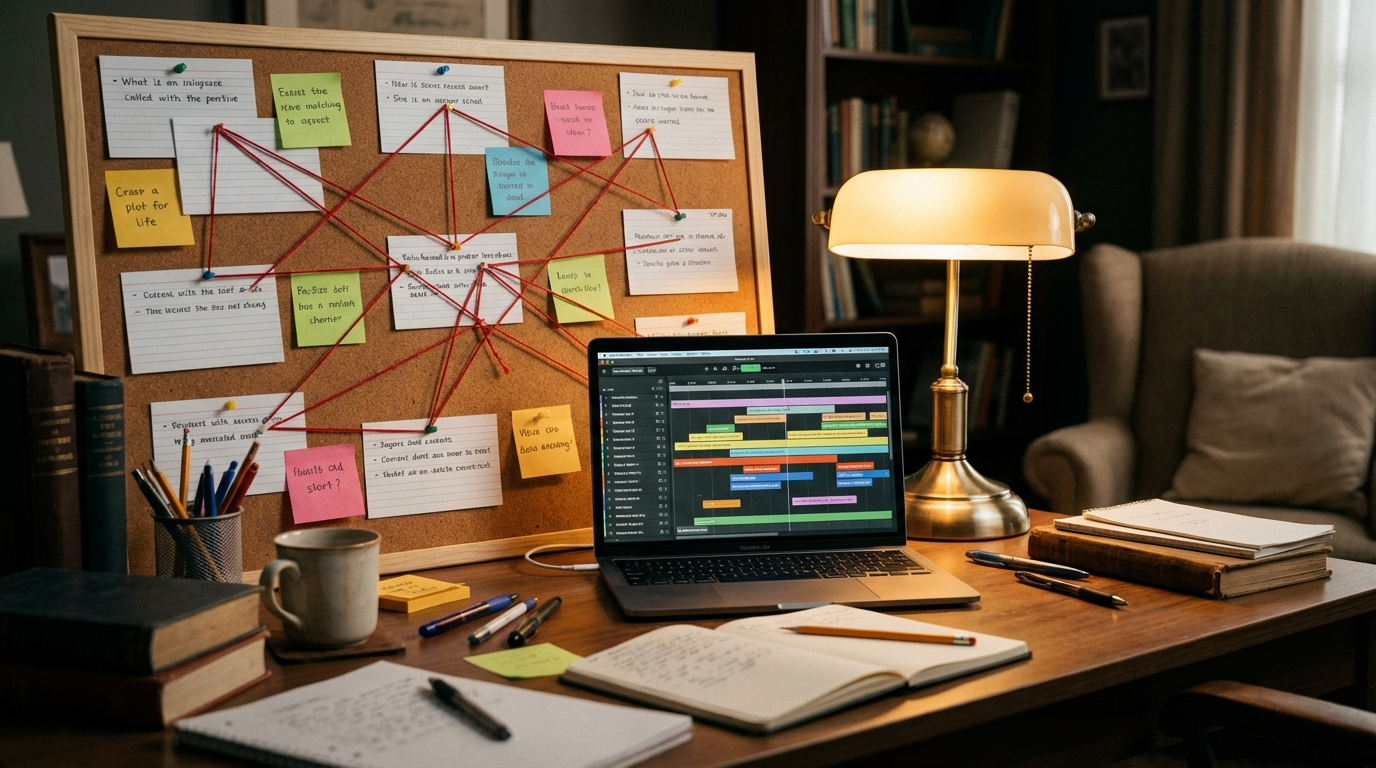 A writer workspace with a corkboard covered in colorful plot cards and story maps pinned next to a laptop