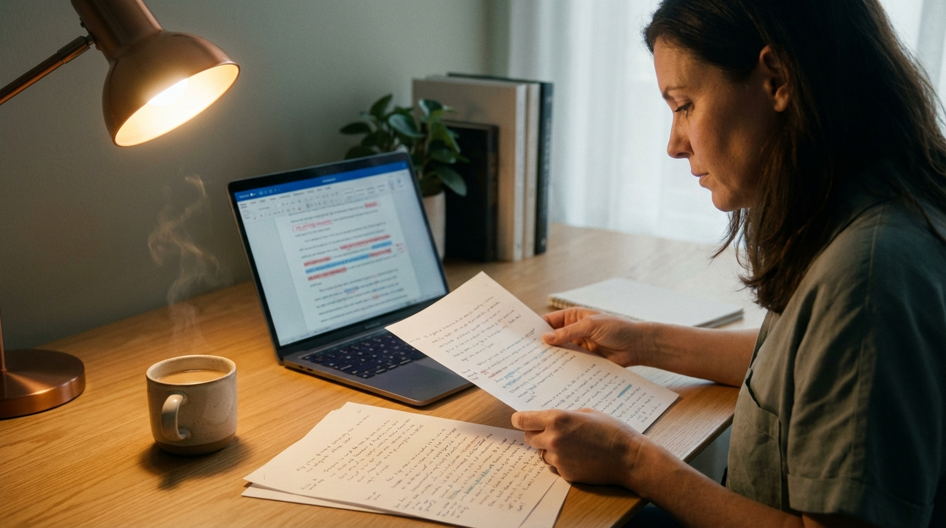 A writer reviewing manuscript edits on a laptop screen with red markup annotations visible on the text
