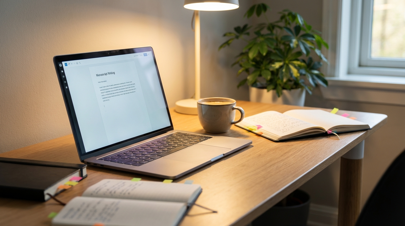 A modern writing desk with a laptop showing a manuscript editor, surrounded by notebooks and coffee