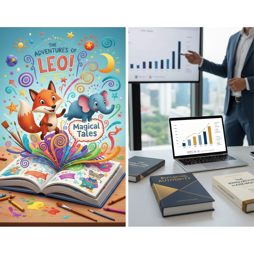 Split comparison of illustrated children's book creation versus professional business book writing