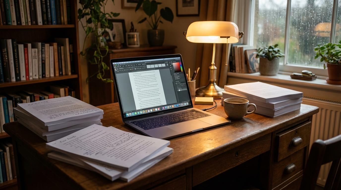 A writer workspace with a laptop showing manuscript editing software surrounded by printed book proofs