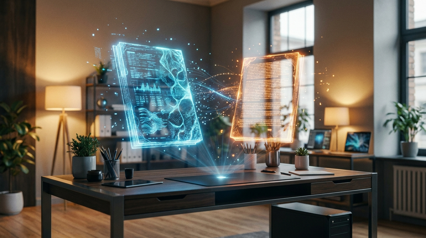 Two futuristic holographic book manuscripts floating above a modern desk in a creative studio